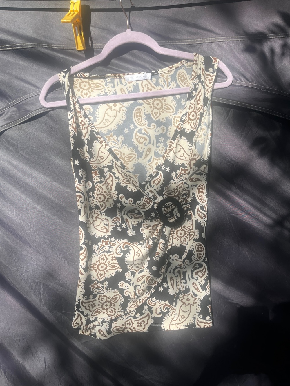 Papillon Blanc Black and Cream Paisley Drape-Front Camisole with Ring Accent
